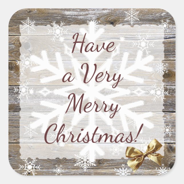 Wood and Gold  Bow Snowflakes Christmas Square Sticker (Front)