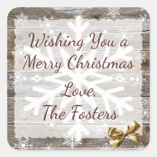 Wood and Gold  Bow Snowflakes Christmas Square Sticker