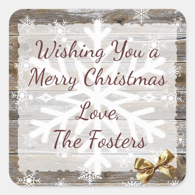 Wood and Gold  Bow Snowflakes Christmas Square Sticker (Front)