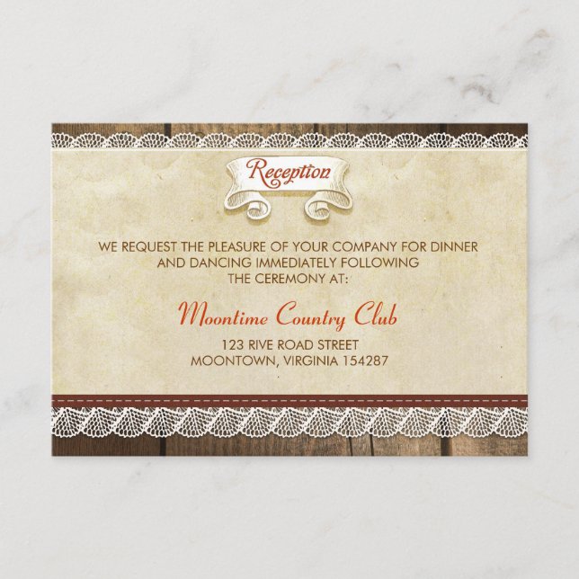 wood and lace wedding reception design enclosure card (Front)
