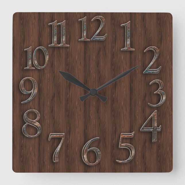 Wood and Metal Look Square Wall Clock (Front)