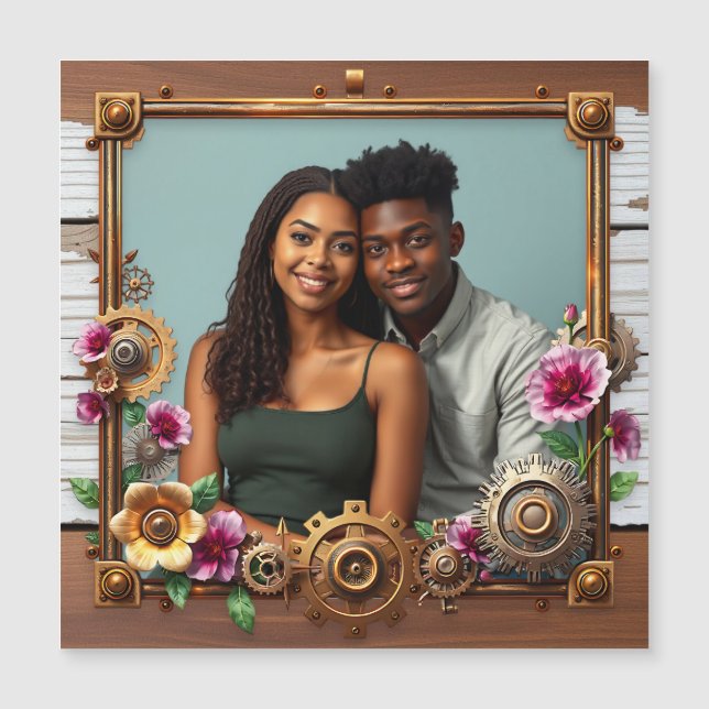 Wood and Metal Steampunk Personalized Photo Magnetic Invitation (Front)
