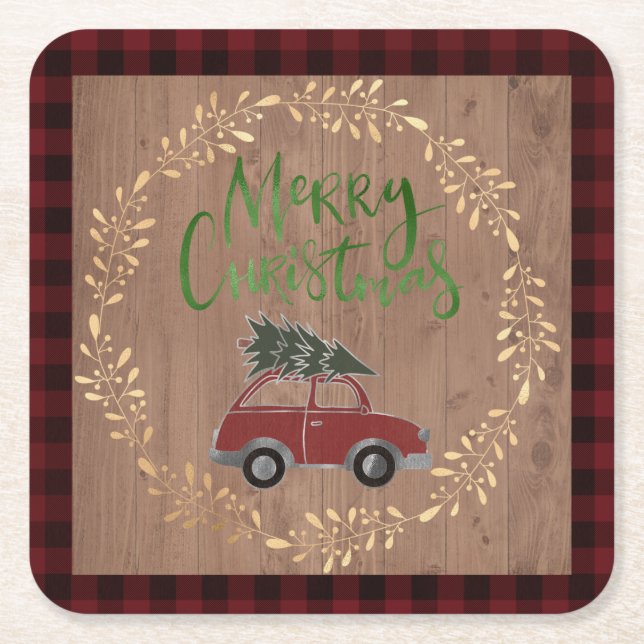 Wood and Plaid Christmas Square Paper Coaster (Front)
