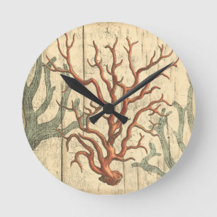 Wood and Small Coral Round Clock