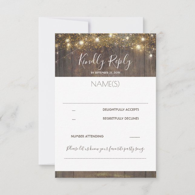 Wood and String Lights Rustic Wedding RSVP (Front)