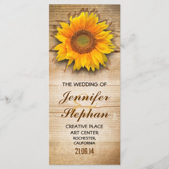 Wood and sunflower blossom wedding programs (Front)