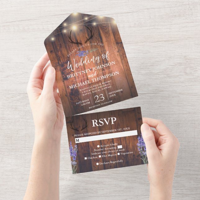 Wood Antler String Lights Lavender Wedding All In One Invitation (Tearaway)
