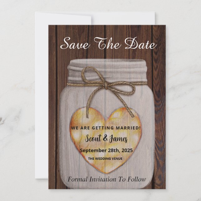 Wood Background with Heart Mason Jar Save The Date (Front)
