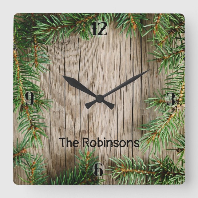 Wood Background with Pine Border Square Wall Clock (Front)