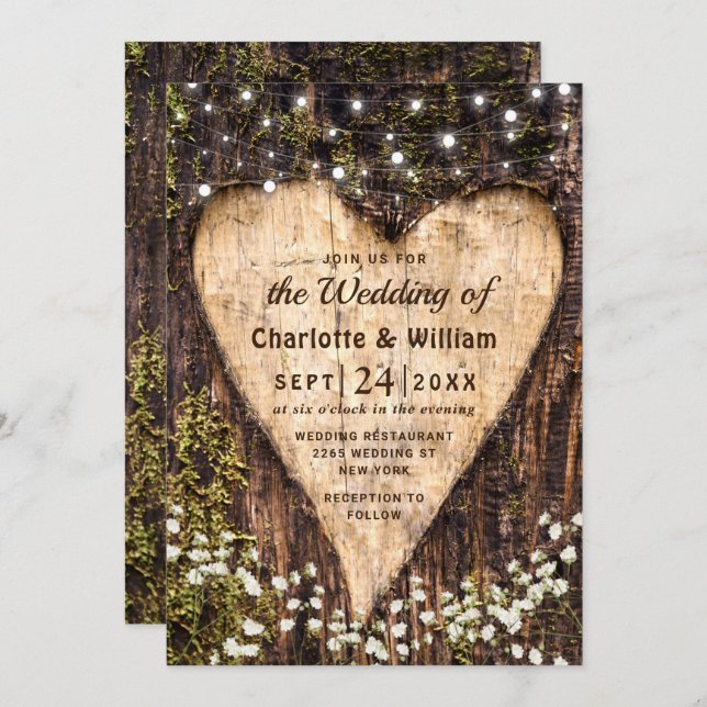 Wood Bark Baby Breath Heart Rustic Wedding Invitation (Front/Back)