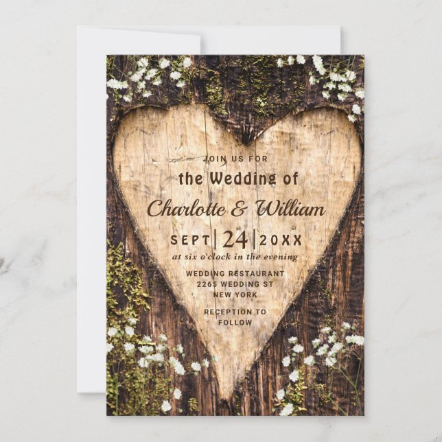 Wood Bark Baby Breath Heart Rustic Wedding Invitation (Front)