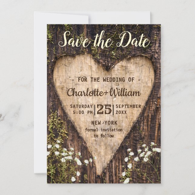 Wood Bark Baby Breath Heart Rustic Wedding Save The Date (Front)