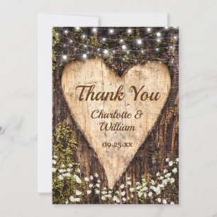 Wood Bark Baby Breath Heart Rustic Wedding Thank You Card