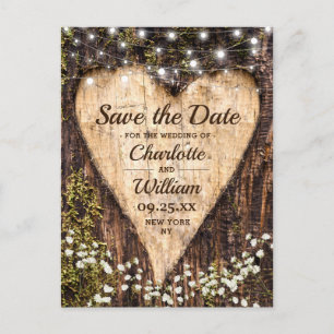 Wood Bark Heart Baby Breath Wedding Save The Date Postcard