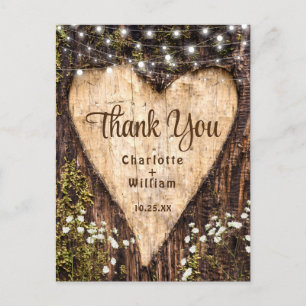 Wood Bark Heart Rustic Wedding Thank You Postcard