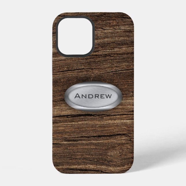 Wood Bark Texture Pattern Metallic Nameplate iPhone Case (Back)
