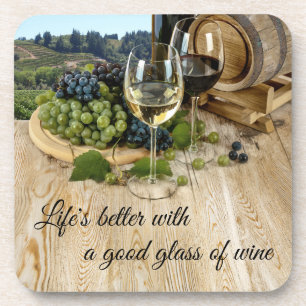 Wood Barrel and Grapes Wine Coasters