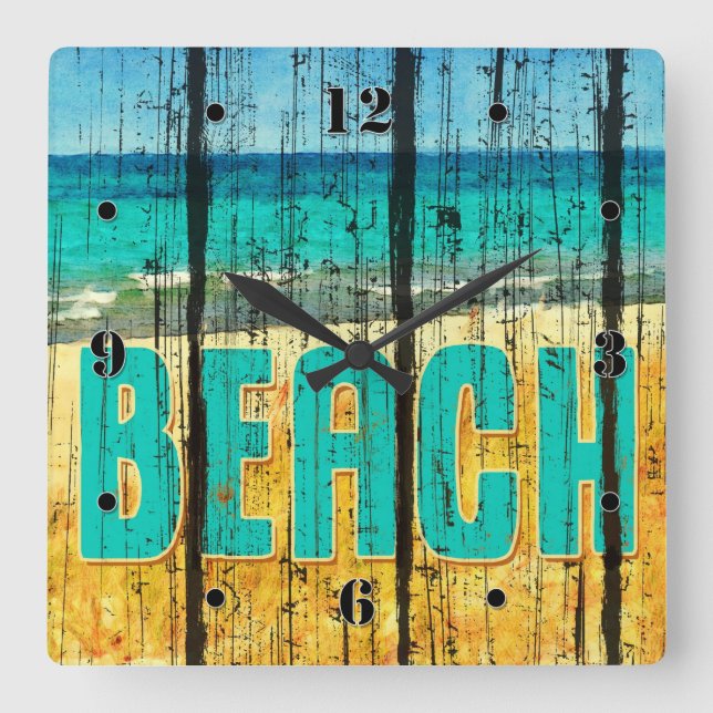 Wood Beach Sign Style Square Wall Clock (Front)