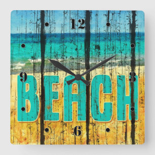 Wood Beach Sign Style Square Wall Clock