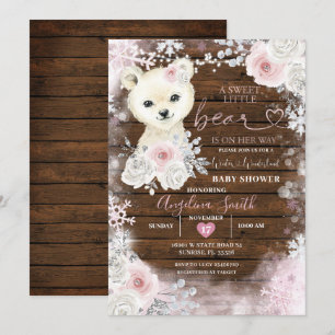 Wood Bear Pastel Pink Snowflake Baby Shower   Invitation