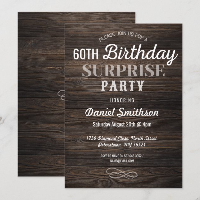 Wood Birthday Surprise Rustic Mens Womens Invite (Front/Back)