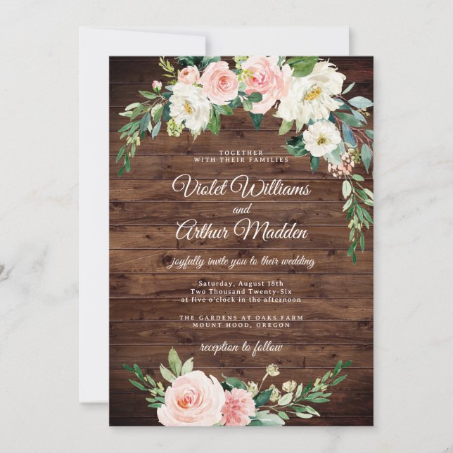Wood Blush Pink Floral Wreath Bridal Shower Invitation (Front)