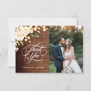 Wood & Blush Roses Floral Lantern Photo Thank You Card