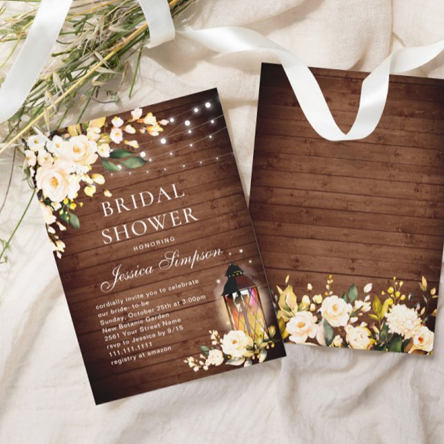 Wood & Blush Roses Lantern Bridal Shower Invitation (Creator Uploaded)