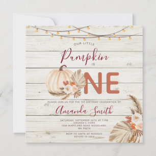 Wood Boho Pampas Grass Pumpkin Is One Birthday  Invitation