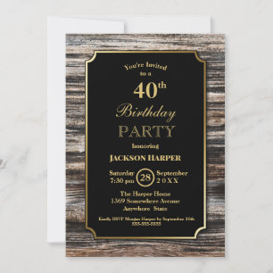 Wood Border Black 40th Birthday Party Invitation
