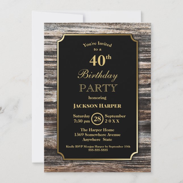 Wood Border Black 40th Birthday Party Invitation (Front)