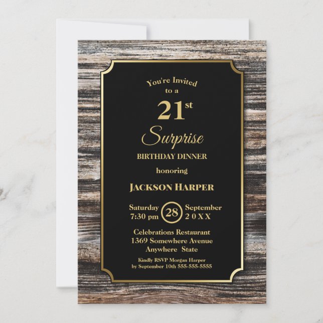 Wood Border Black Surprise 21st Birthday Dinner Invitation (Front)