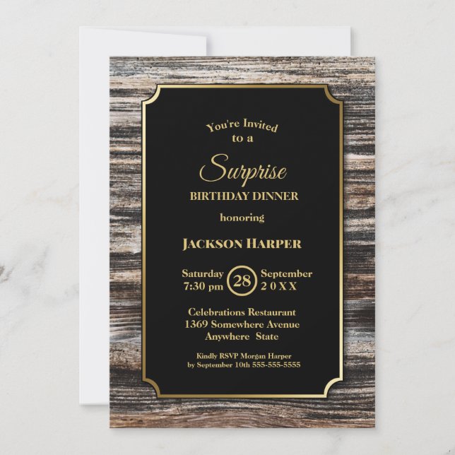 Wood Border Black Surprise Birthday Dinner Party Invitation (Front)