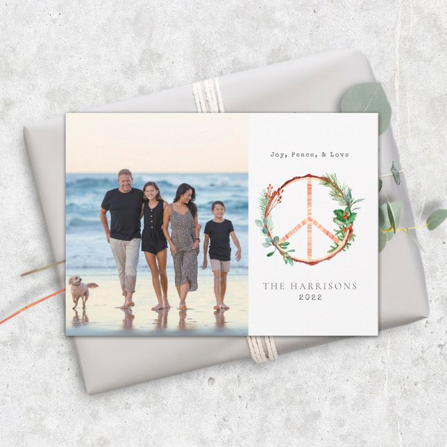 Wood Botanical Peace Sign Love Joy Christmas Photo Holiday Card (Creator Uploaded)