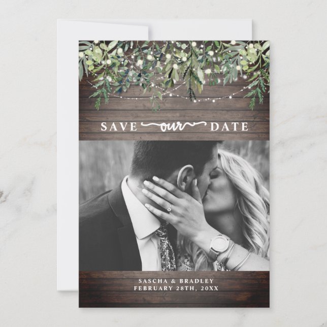 Wood Botanical String Lights Photo Wedding Save The Date (Front)