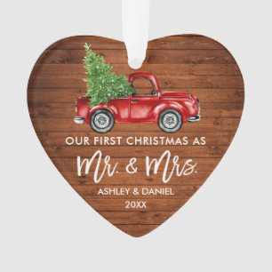 Wood Brush Script First Christmas Truck Heart Ornament