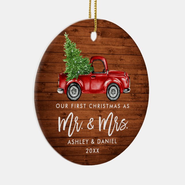 Wood Brush Script First Christmas Truck PHOTO BACK Ceramic Ornament (Right)