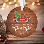 Wood Brush Script First Christmas Vintage Truck Ornament<br><div class="desc">Rustic Wood Modern Brush Script Our First Christmas as Mr. and Mrs. - Watercolor Vintage Red Truck Ornament</div>