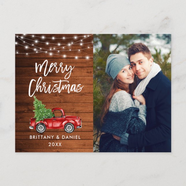 Wood Brush Script Lights Truck Photo Christmas Postcard (Front)