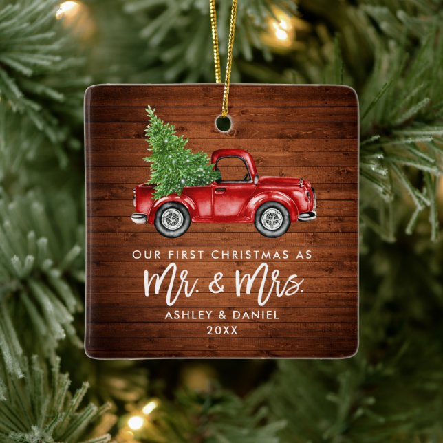 Wood Brush Script Red Truck First Christmas Sq Ceramic Ornament (Tree)