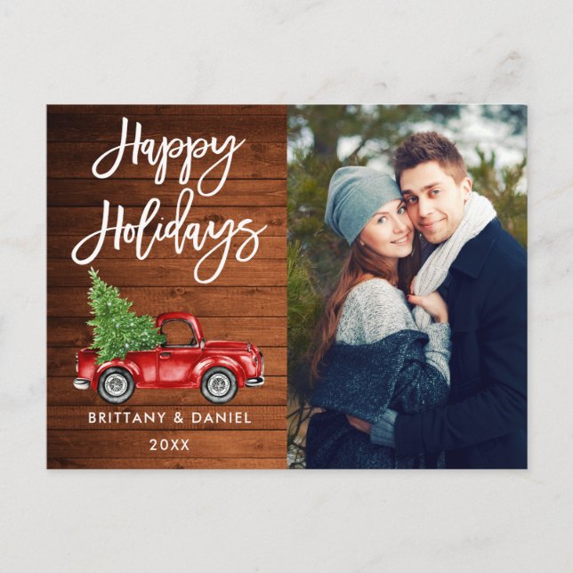 Wood Brush Script Truck Couple Photo Holidays Postcard (Front)