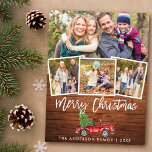 Wood Brush Script Vintage Truck Christmas 4 Photo Postcard<br><div class="desc">Rustic Wood Green Brush Script Watercolor Vintage Red Truck with Christmas Tree - Merry Christmas Postcard -  4 Photos</div>