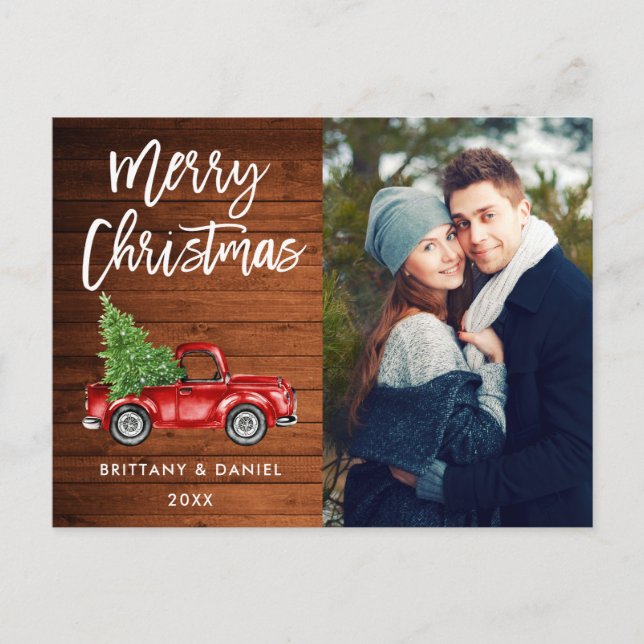 Wood Brush Script Vintage Truck Couple Christmas Postcard (Front)