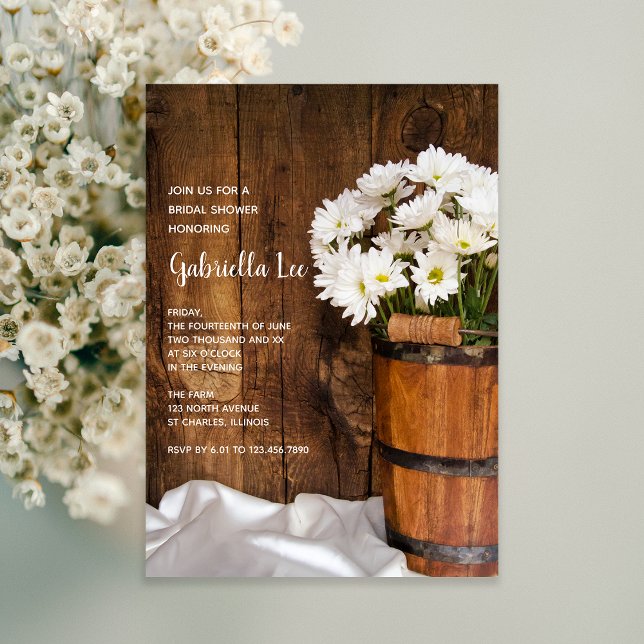 Wood Bucket of White Daisies Barn Bridal Shower Invitation (Creator Uploaded)