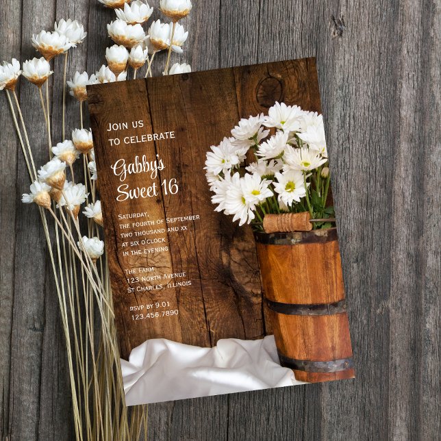 Wood Bucket White Daisies Sweet 16 Birthday Party Invitation (Creator Uploaded)