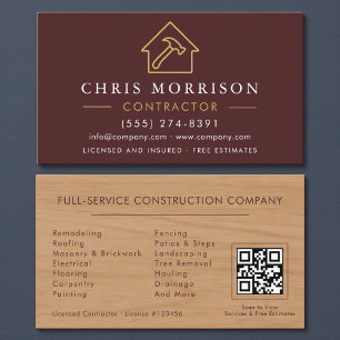 Wood Building Construction Burgundy Gold QR Code Business Card