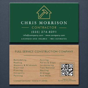 Wood Building Construction Green Gold QR Code Business Card