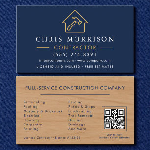 Wood Building Construction Navy Blue Gold QR Code Business Card