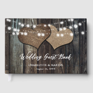 Wood Burlap Hearts String Lights Country Wedding Guest Book