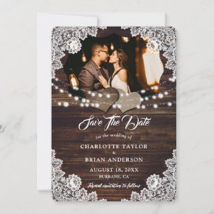 Wood Burlap Lace String Lights Wedding Photo Save The Date